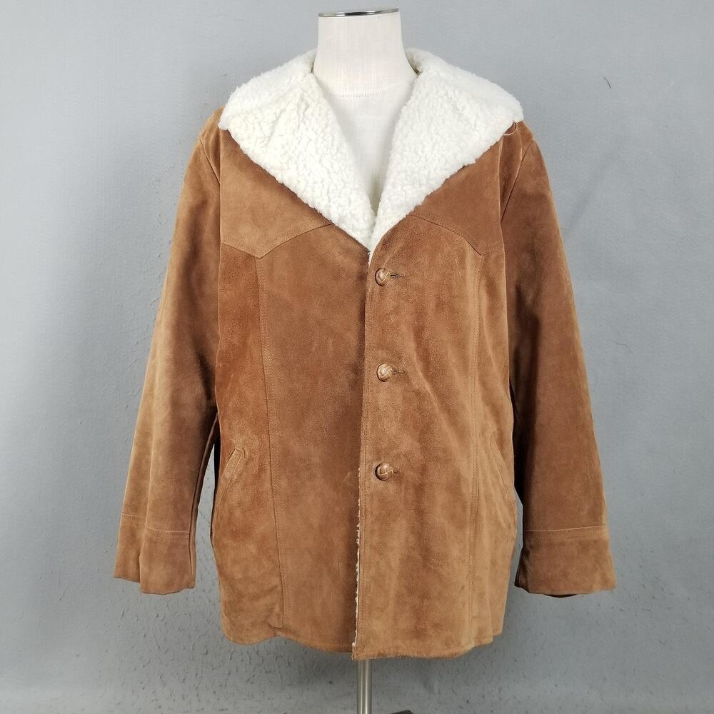 Vintage Excelled Coat Mens 44 Brown Suede Shearling Lined Western Overcoat